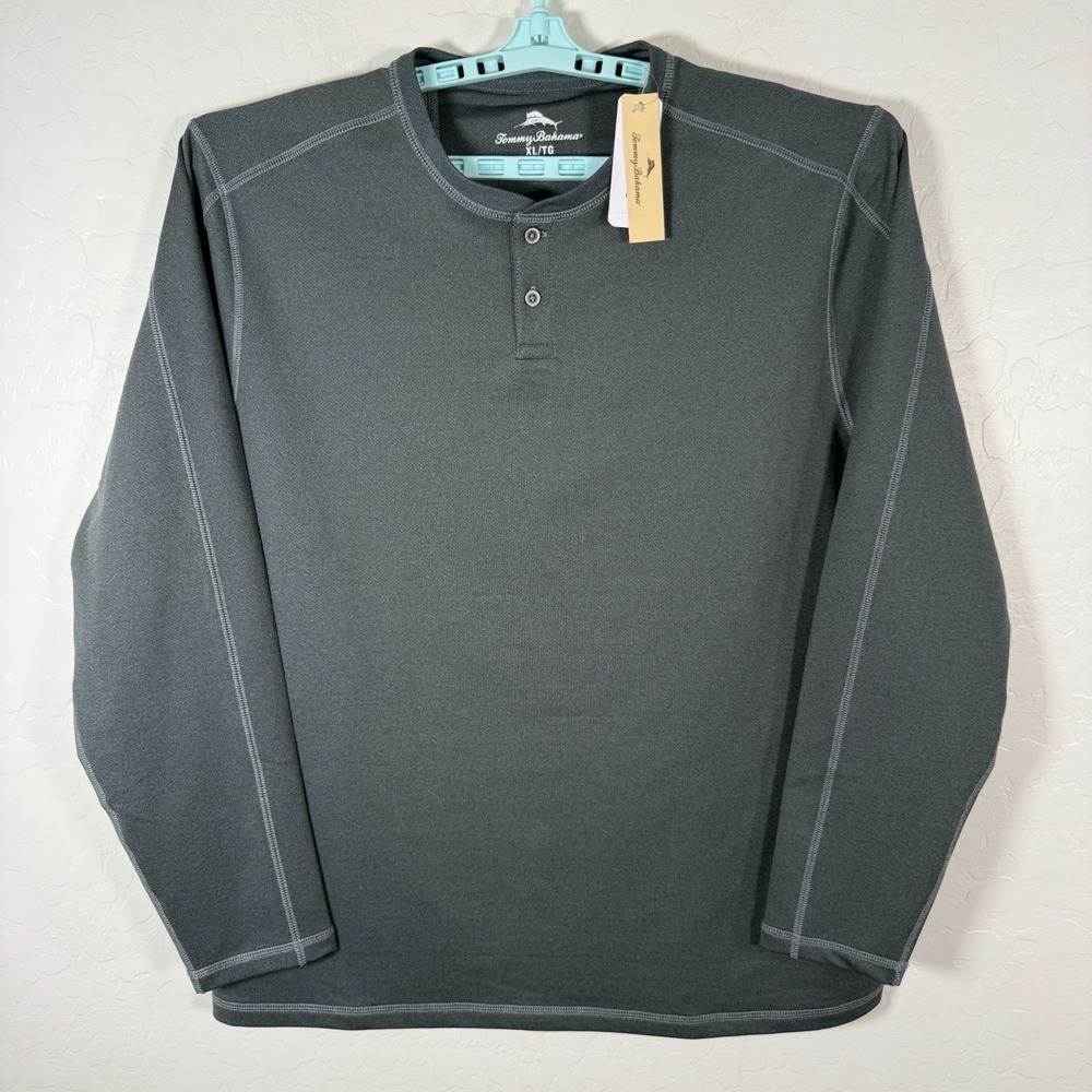 Tommy Bahama Shirt Mens XL Gray Paradise Street Henley Long Sleeve Moisture Wick